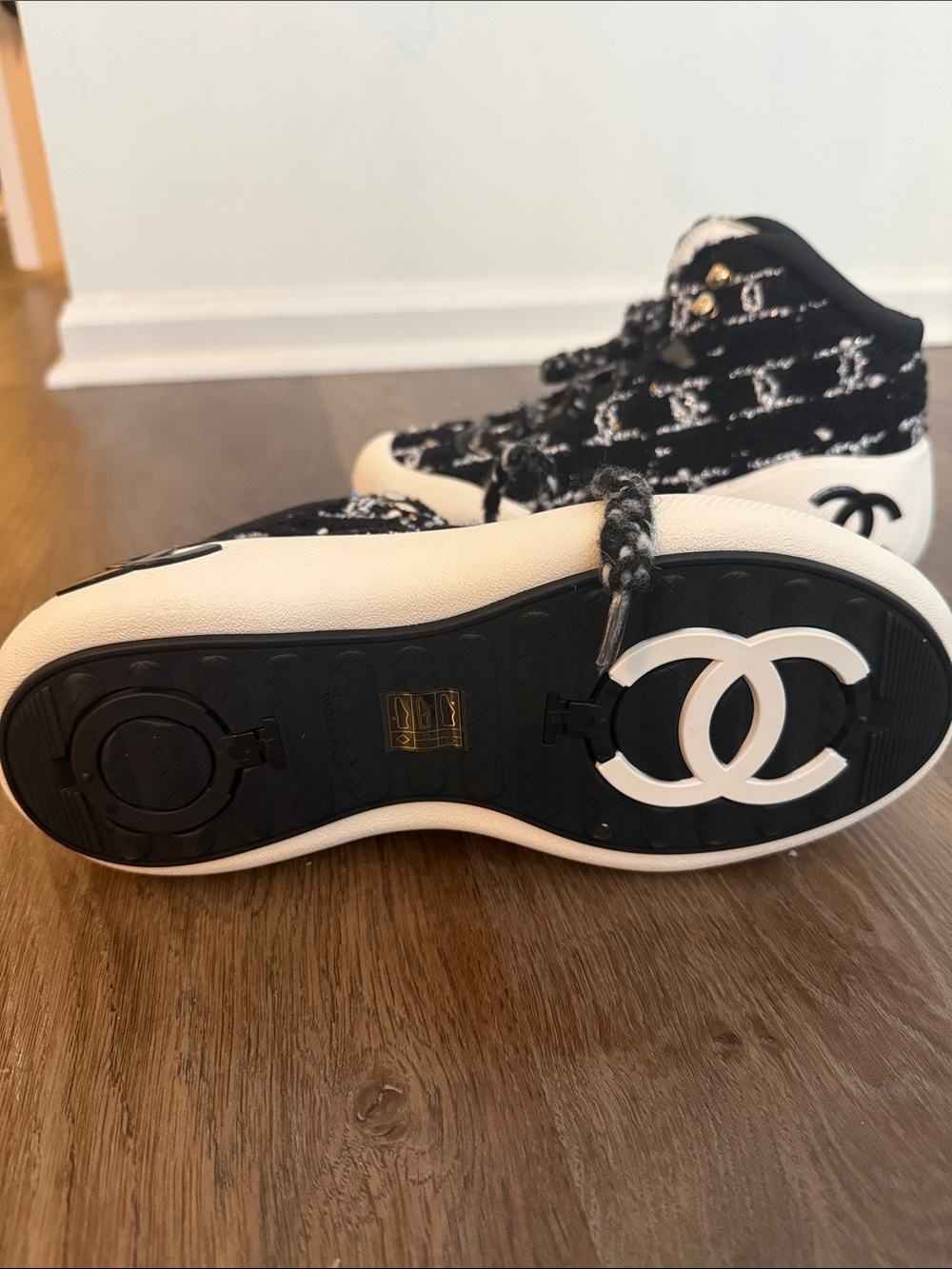 CHANEL Black and White Tweed Kids High-Top Sneakers - Picture 2 of 5